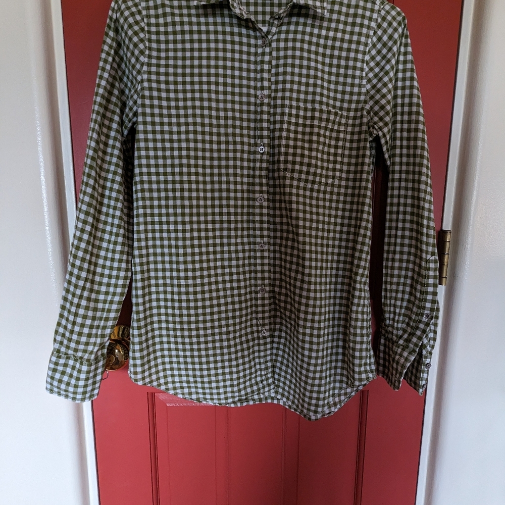 J Crew Women's Cotton Gingham Olive & White Shirt - Size XS